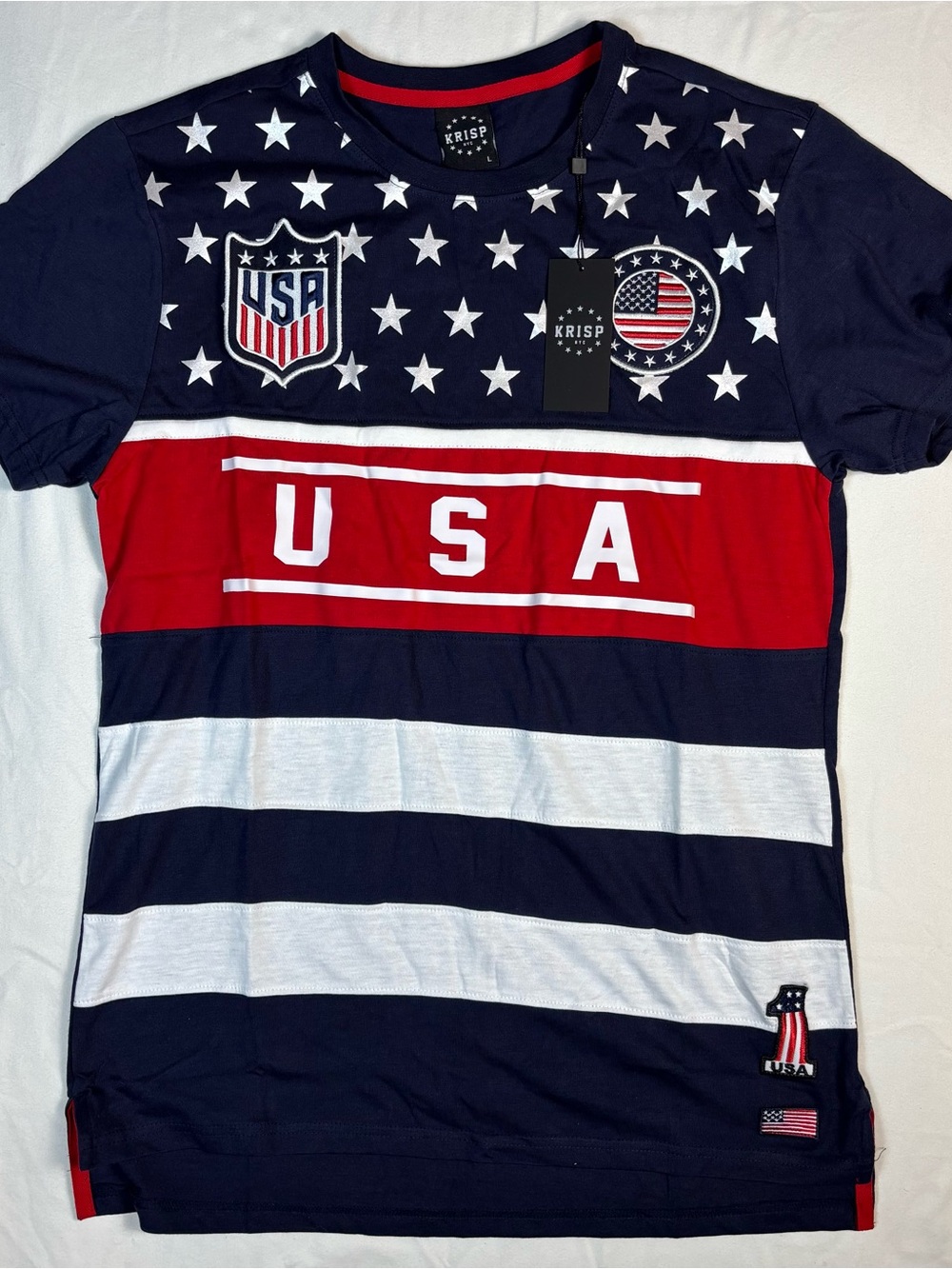 Krisp NYC T-Shirt - Red/White/Blue USA Flag Patriotic - Adult size Large New